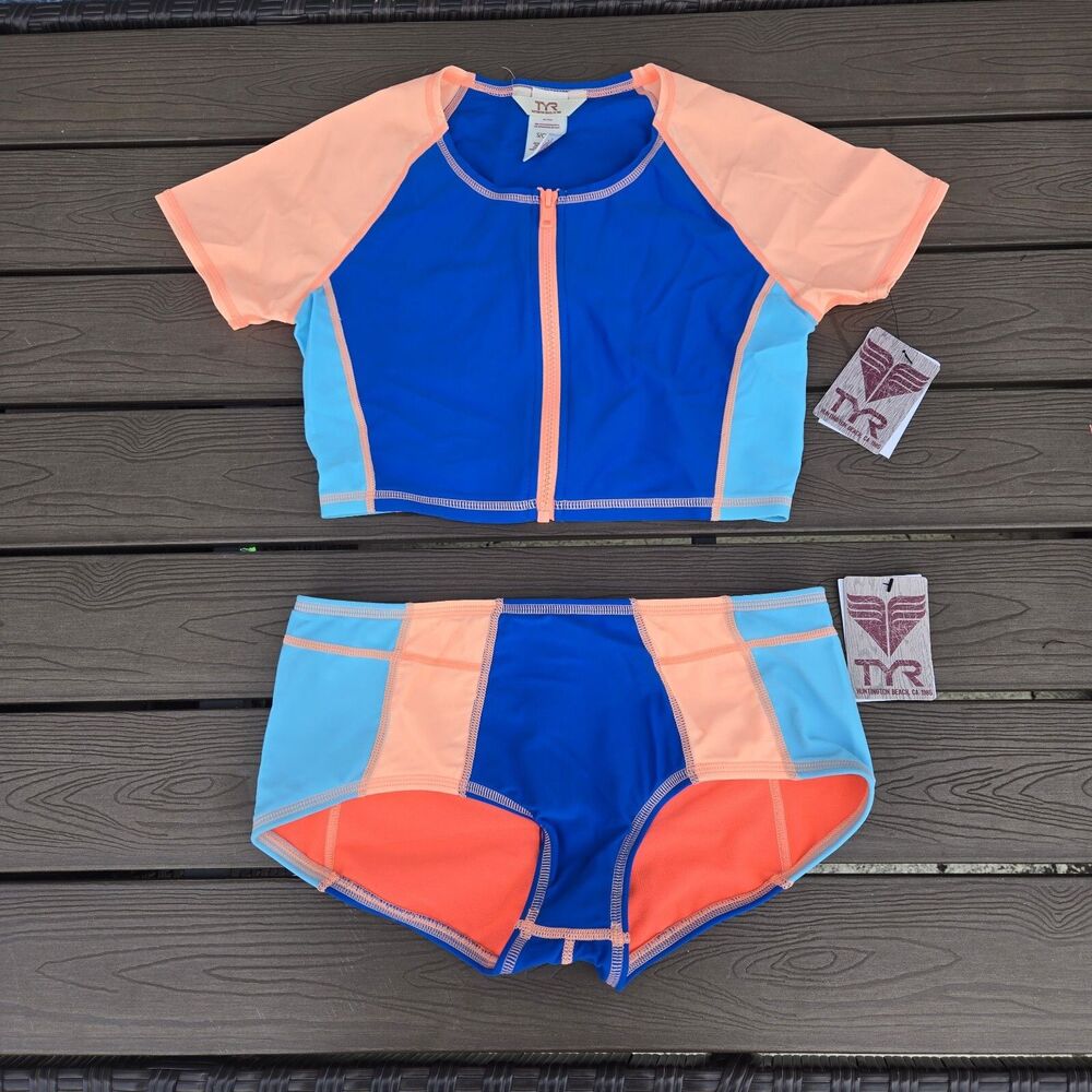 TYR Womens Seaside Aluna Top & Seaside Jada Bottom Bikini Blue/Coral Sz S NEW